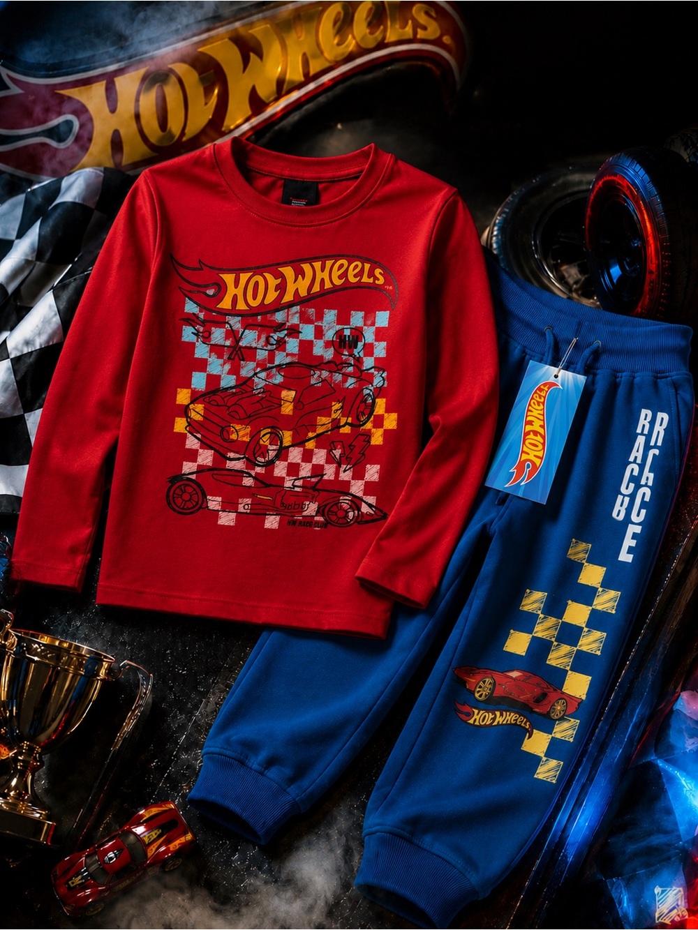 Hot Wheels Kids Bundle Set Red Racing Top & Blue Jogger Pants Size 4–6 / 110–116